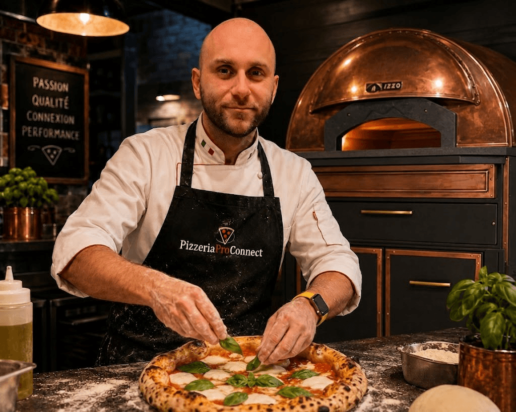 Pizzaiolo professionnel avec un four napolitain